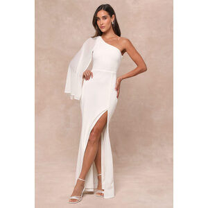 Lulus Majestic Attitude White Cape Sleeve One-shoulder Maxi Dress - Size L